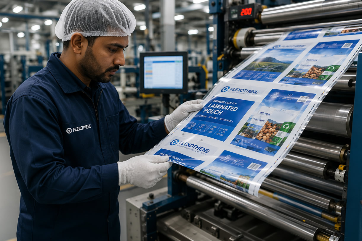Flexothene technician inspecting printed film on the production line
